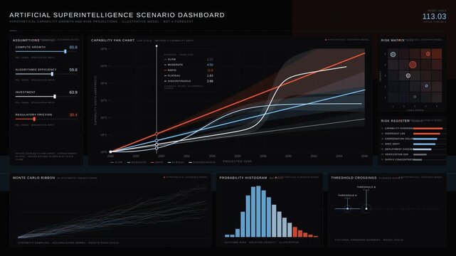 A sophisticated artificial superintelligence dashboard visualizes hypothetical capability growth and risk projections with animated charts and interactive elements in a modern design.