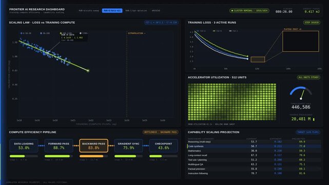 Dynamic Frontier AI Research Dashboard showcasing training compute efficiency and scalability with animated plots, heatmaps, and interactive data visualizations in a modern interface.