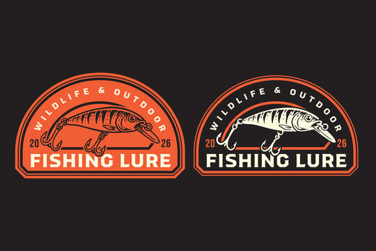 Fishing lure with treble hooks retro badge logo design for outdoor. Artificial crankbait lure vintage patch symbol pack for angling. Hard bait fishing tackle rustic emblem elements for adventure