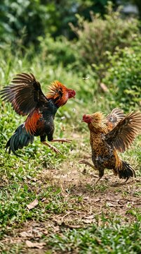 Two Male Chickens Fighting Outside