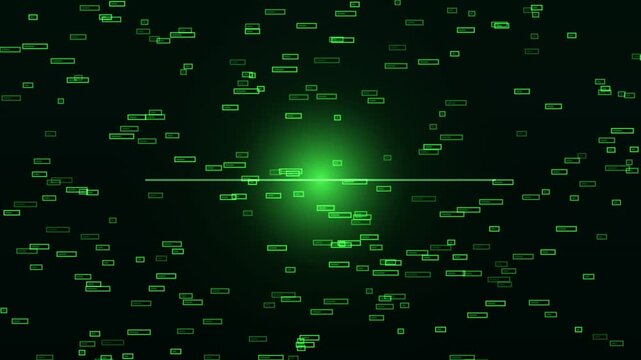 Glowing digital matrix interface displaying futuristic cyber data structures with glowing neon green rectangles moving rapidly across screen