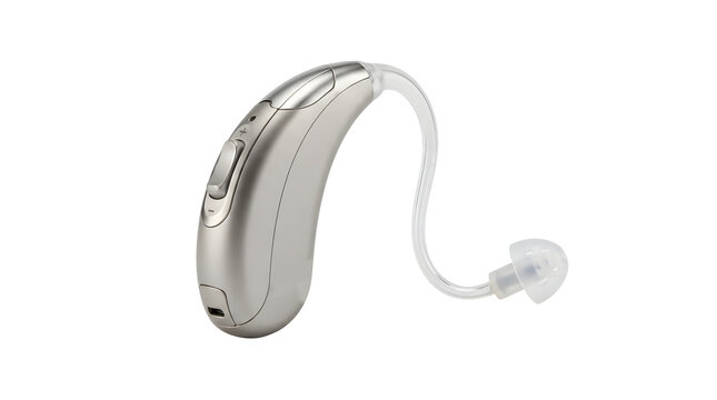 Modern silver behind the ear hearing aid with tube dome transparent on transparent background
