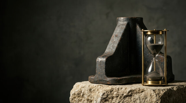 Antique hourglass and iron weight on stone evoke supply chain shaped by time
