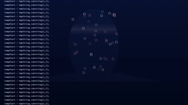 Digital code running on dark screen displaying abstract head shape formed by glowing binary dot matrix patterns
