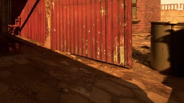 Sunlight casts long shadows as rusty gates reveal a secluded alley. A lone trash bin stands guard, hinting at a past life in this tranquil spot where time seems to stand still.