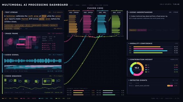 Dynamic multimodal AI processing dashboard visualizing text, image, audio, and video inputs with vibrant color accents and flow animations in a dark indigo background.