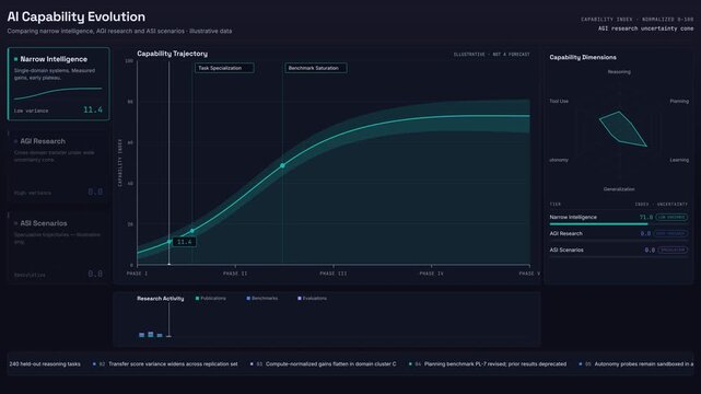 Visualizing the Evolution of AI Capabilities: A Detailed Comparison of Narrow Intelligence, AGI Research, and ASI Scenarios with Dynamic Graphs and Illustrative Data.