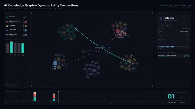 Dynamic AI knowledge graph visualization displaying vibrant entity connections and relationship discovery with interactive legends and detailed entity cards.