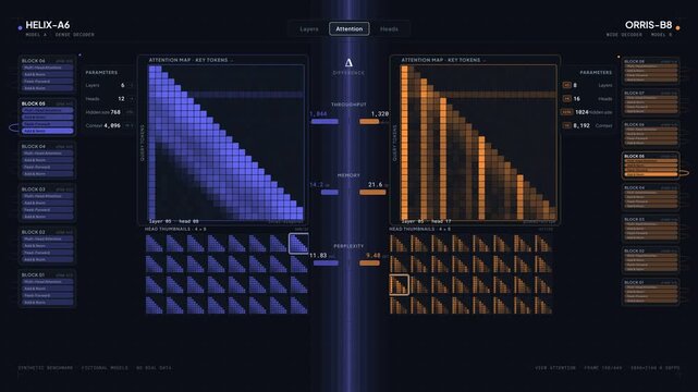 Visualize AI model architecture with a split-screen dashboard comparing transformer layers and attention patterns, showcasing detailed heatmaps and parameters for two fictional models.