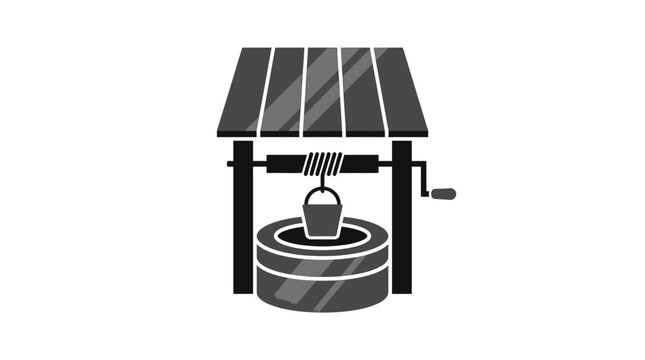 Traditional water well vector icon with wooden roof structure and hanging bucket illustration