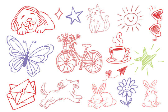 Whimsical Hand Draw Elements Vector Set - Cute Animals, Spring Flowers, and Decorative Elements