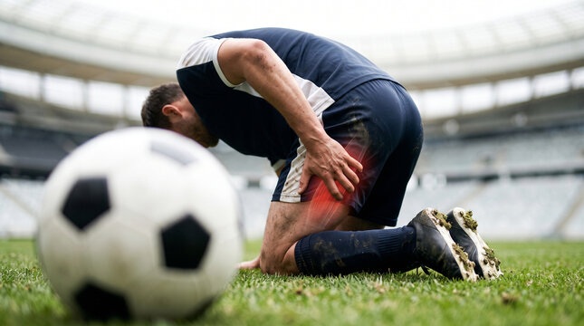 Back view of faceless soccer player holding painful hamstring with red glowing highlight kneeling on pitch near soccer ball