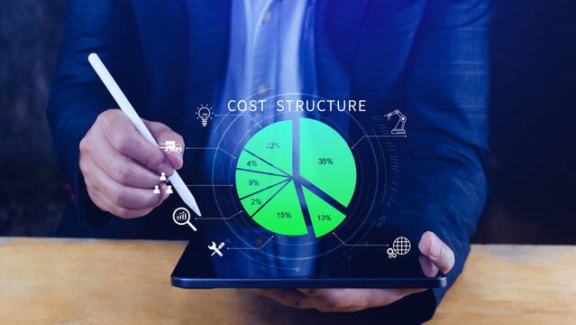 Cost structure concept. Strategic cost structure financial analysis with pie chart, business growth, profit and loss management planning. not ai