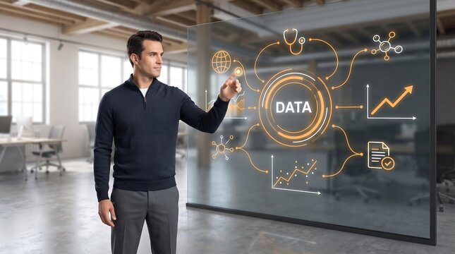 Man in navy sweater presenting data analytics icons and charts on a transparent glass screen in a bright modern office