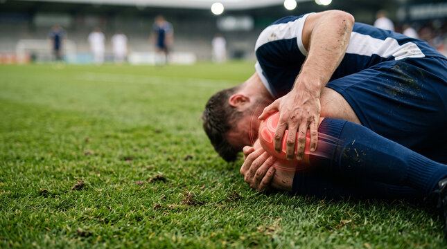 Faceless soccer player holding painful knee with red glowing highlight lying on pitch