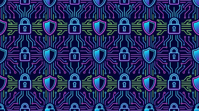 Cyber Security Seamless Pattern with Neon Padlocks and Protective Shields