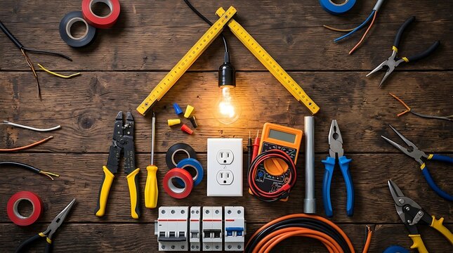 Electrician tools and electrical equipment arranged as a house shape