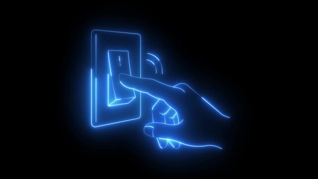 glowing neon Hand pressing a light switch icon isolated on black background. hand presses a rectangular light switch on a wall. Electrical Interface Design, Smart Home. 4k video animation.