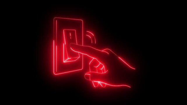 glowing neon Hand pressing a light switch icon isolated on black background. hand presses a rectangular light switch on a wall. Electrical Interface Design, Smart Home. 4k video animation.