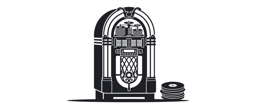 Vintage jukebox with coin slot on transparent background. Classic music player icon. Jukebox, vinyl record, retro music equipment. Vector illustration.