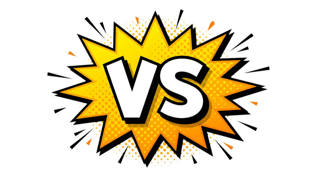 Versus text in a yellow comic book speech bubble with burst shape on transparent background