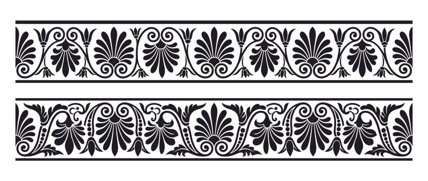 Intricate classical Greek border pattern. Ornate antique frieze design with symmetrical motifs. Acanthus leaves, palmettes, floral elements. Vector illustration.
