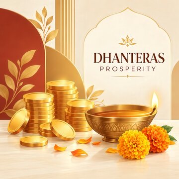 Dhanteras Festival Background with Golden Coins, Brass Diya and Marigold Flowers