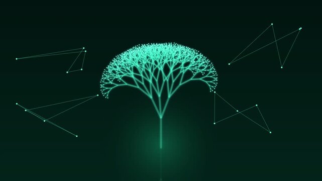 Glowing digital tree structure glowing against dark background with geometric lines and glowing node particles floating around