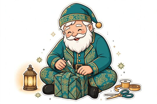 Cartoon Santa Claus wrapping a gift in batik patterned paper on white