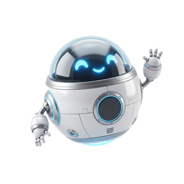 Friendly round robot character waving hello isolated on transparent