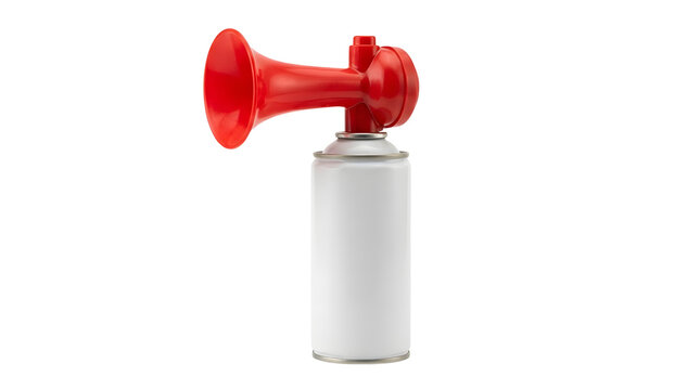 Red plastic air horn attached to a metal canister with trumpet attached on transparent background