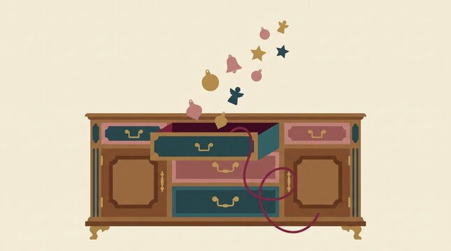 Vintage wooden sideboard with floating Christmas ornaments and family keepsakes emerging from an open drawer. Flat vector illustration featuring retro holiday decor elements and pastel colors.