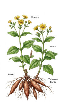 Yacon Plant Illustration Flowers Leaves and Tuberous Roots Botanical Study