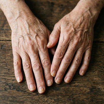 Wrinkled Senior Hands Resting on Textured Wooden Table