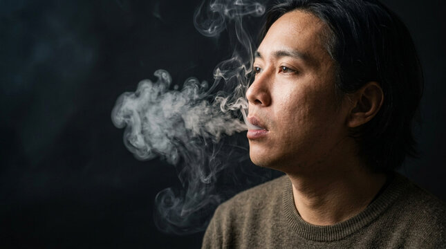 Young Asian man exhaling smoke against dark background side profile contemplative mood