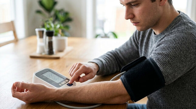 Young Man Monitoring Blood Pressure at Home Health Check Medical Device