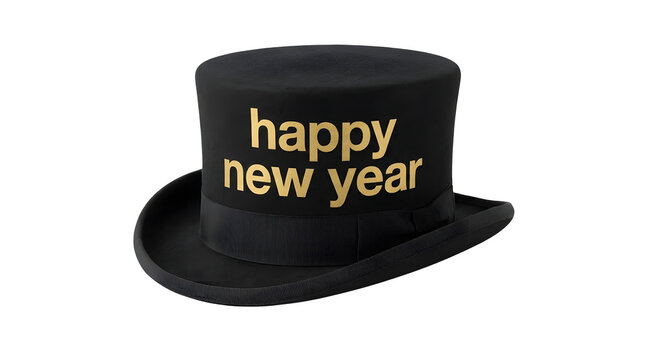 Black top hat with gold happy new year text with three dimensional on transparent background