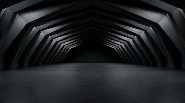 Vast empty dark hall with symmetrical rib like ceiling structure and deep perspective industrial architecture.