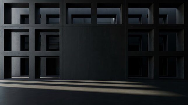 Industrial concrete wall with modular square recesses and sharp natural light strips for architectural background.