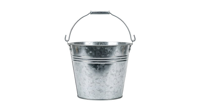 Empty galvanized metal bucket with handle with galvanized steel pail on transparent background
