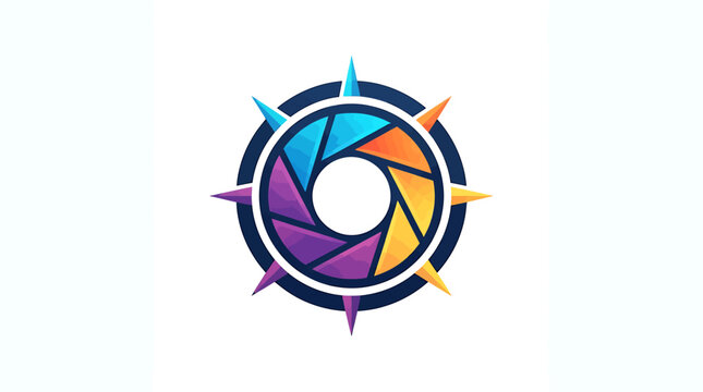 Colorful abstract camera lens shutter logo design featuring a radiant star compass shape for creative photography brand identity and media studio