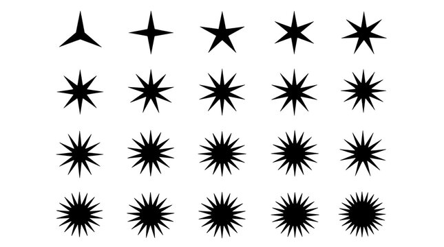 Set of black star and sparkle icons with sparkle shapes different on transparent background
