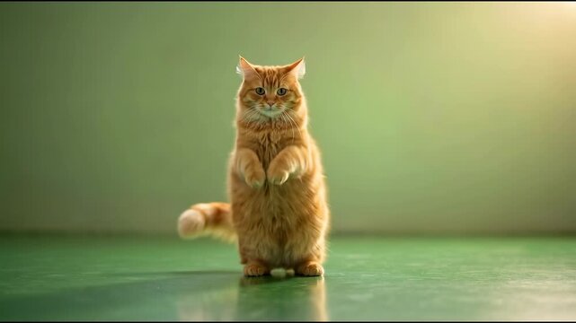 Orange tabby cat dancing upright on its hind legs with raised paws, 4K animal video for advertising and social media projects