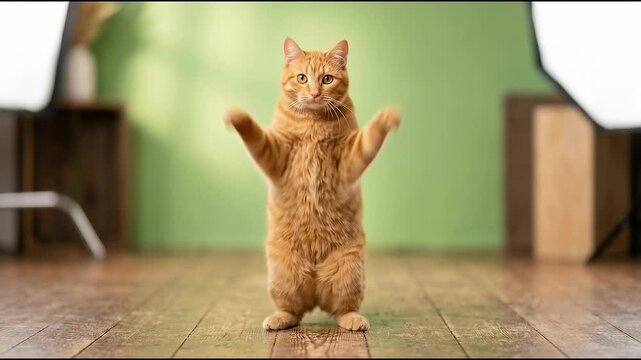 Orange tabby cat dancing upright on its hind legs with raised paws, a humorous cinematic pet animation for lighthearted storytelling
