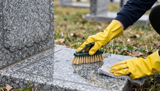 Close-up of hands wearing yellow gloves cleaning a granite headstone with a brush