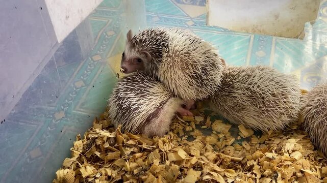 Five young hedgehogs gather in a shallow container. They eat from a small orange bowl. They rest on soft, dry wood shavings. Their spines are soft and delicate. They appear calm and curious.