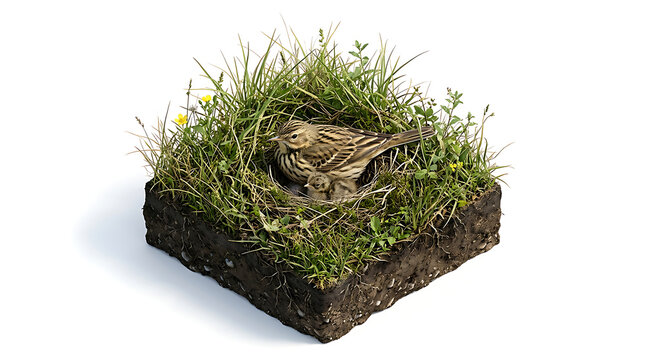 Meadow pipit perched beside chick inside grass ground nest dirt block section isolated on white background.