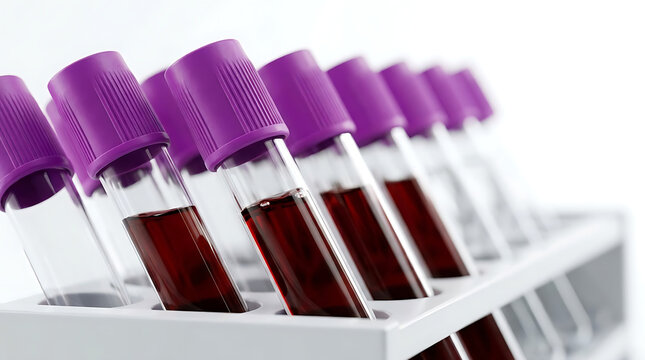 Blood collection tubes in purple caps arranged in a laboratory setting
