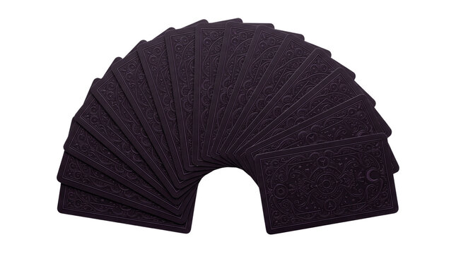 Mystical tarot deck cards fanned out in arc shape, dark purple occult fortune telling cards, celestial oracle deck set isolated PNG with Transparent Background