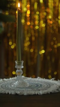 Vertical video. Woman drinking champagne during New Year festive party